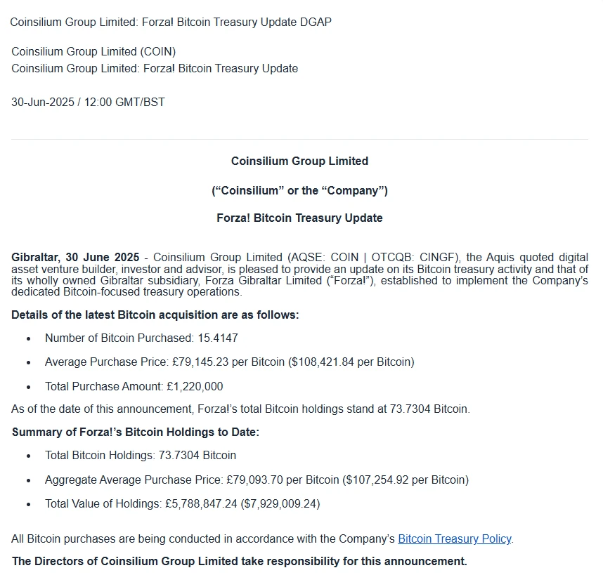 英国上市公司 Coinsilium Group 子公司 Forza 增持 15.4147 BTC