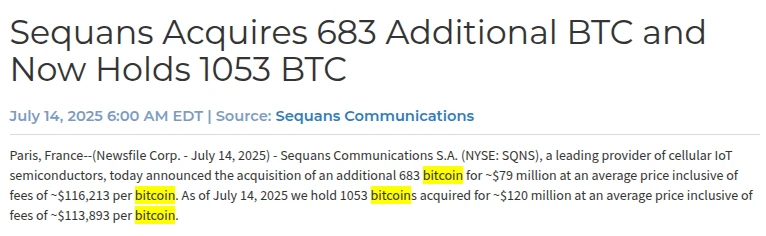 美股上市公司Sequans增持683枚比特币