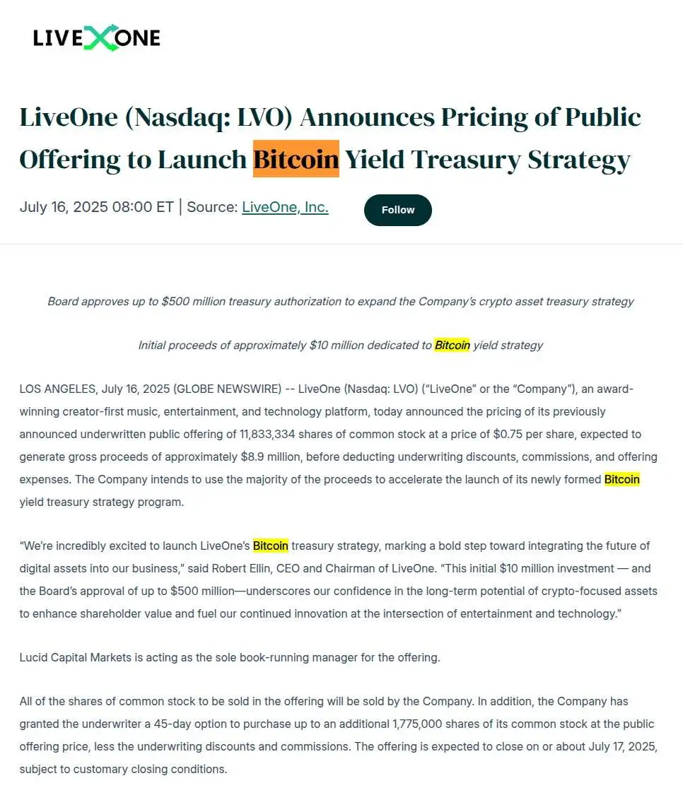 LiveOne启动比特币国库策略募资计划