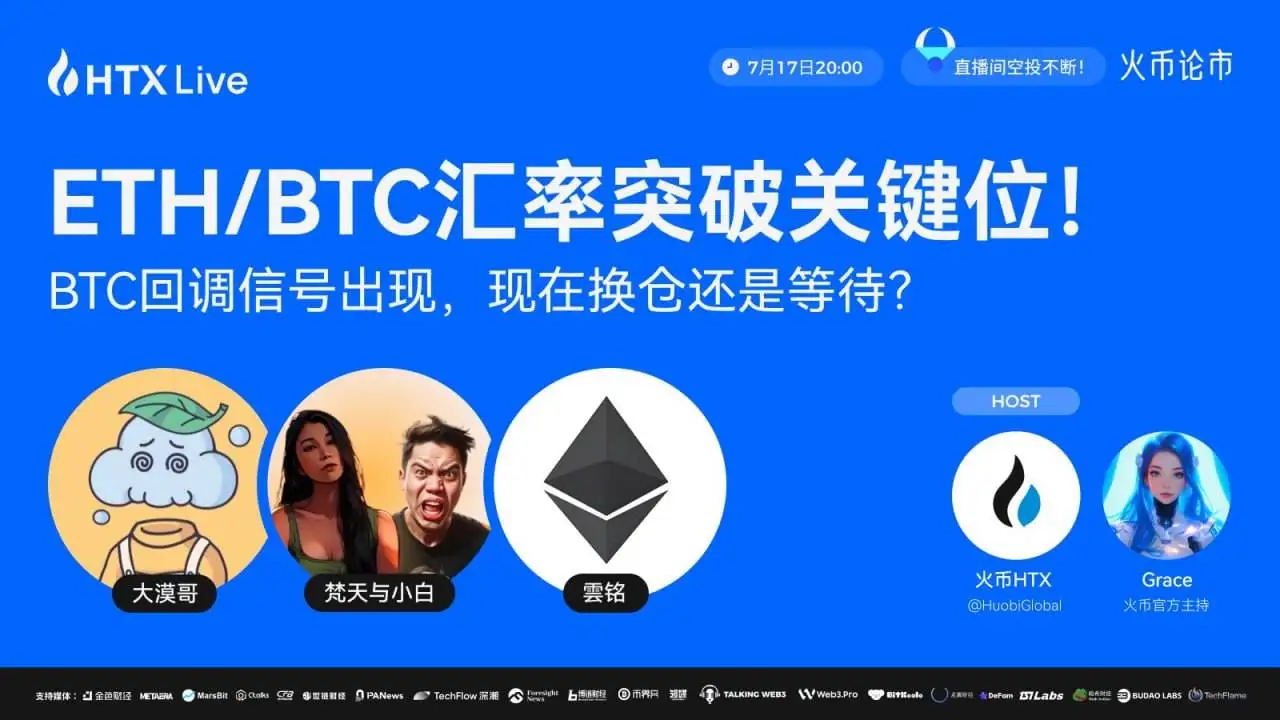 火币HTX今晚直播探讨ETH/BTC破位与BTC回调策略