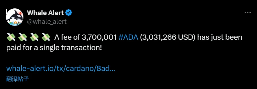 Cardano链上惊现天价手续费交易