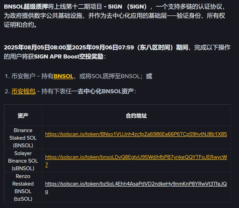 Binance宣布BNSOL超级质押将于8月4日上线SIGN代币