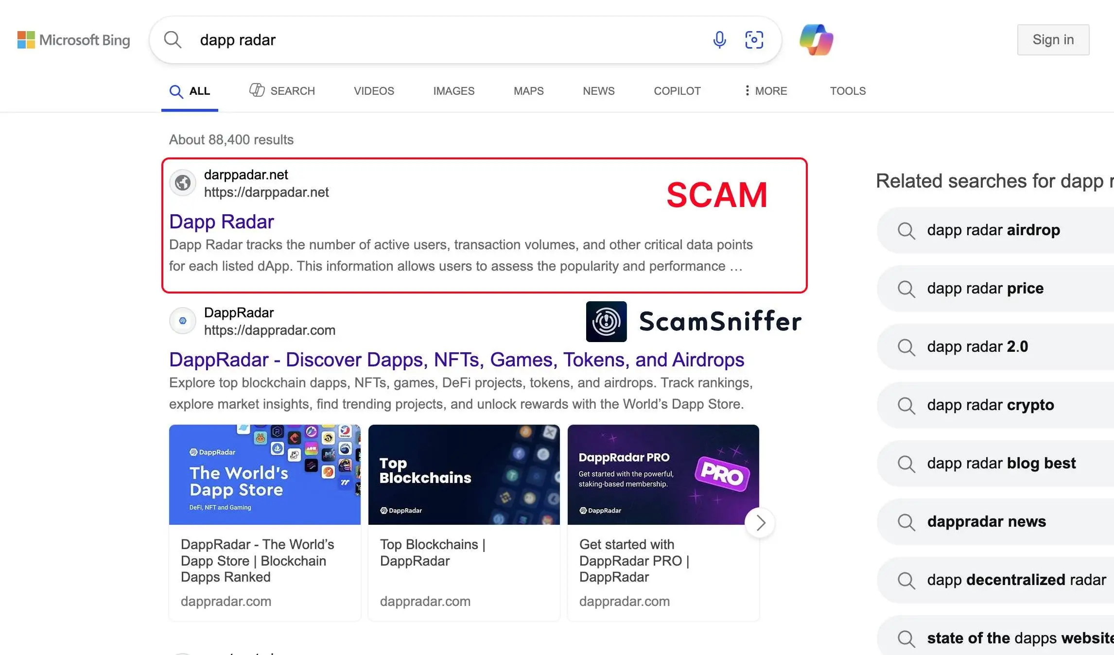 Scam Sniffer警示必应搜索DappRadar结果首条为钓鱼网站