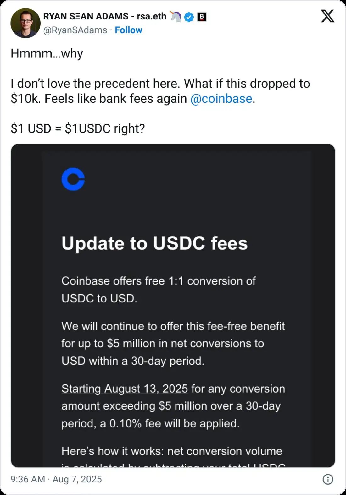 Coinbase对大额USDC提现收取0.1%费用 或影响跨链套利