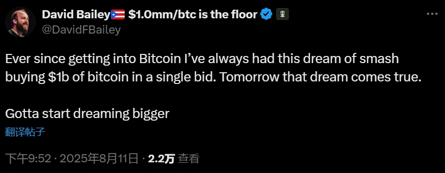 Bitcoin Magazine CEO David Bailey计划购入10亿美元BTC