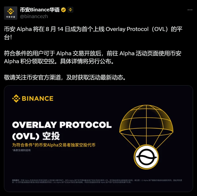 币安Alpha将成为首个上线Overlay Protocol（OVL）的交易平台 支持积分申领空投