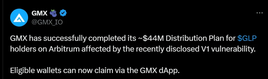 GMX完成V1漏洞补偿计划 4400万美元分发Arbitrum GLP流动性提供者