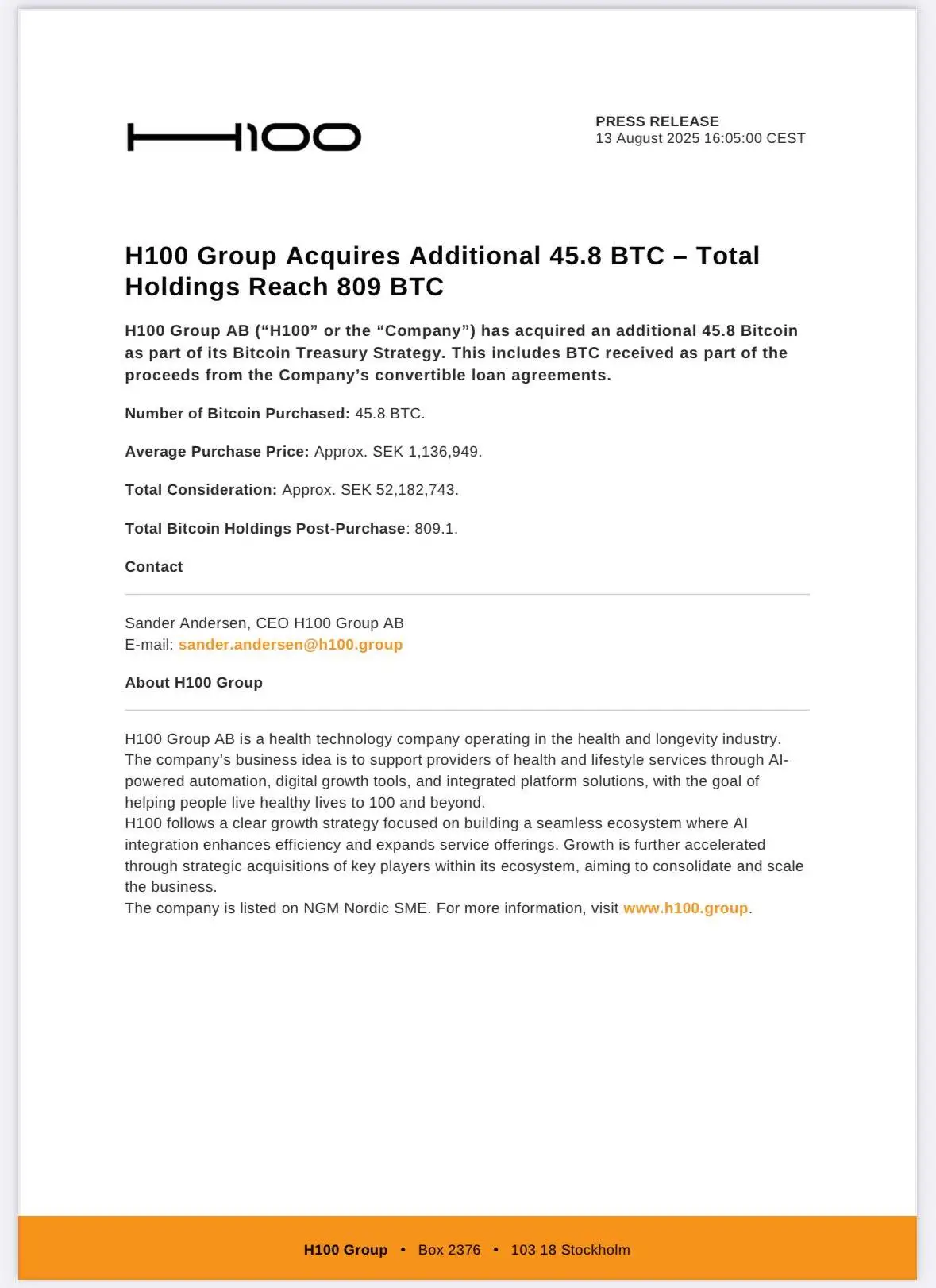 瑞典上市公司H100 Group增持45.8枚比特币，累计持有量达809枚