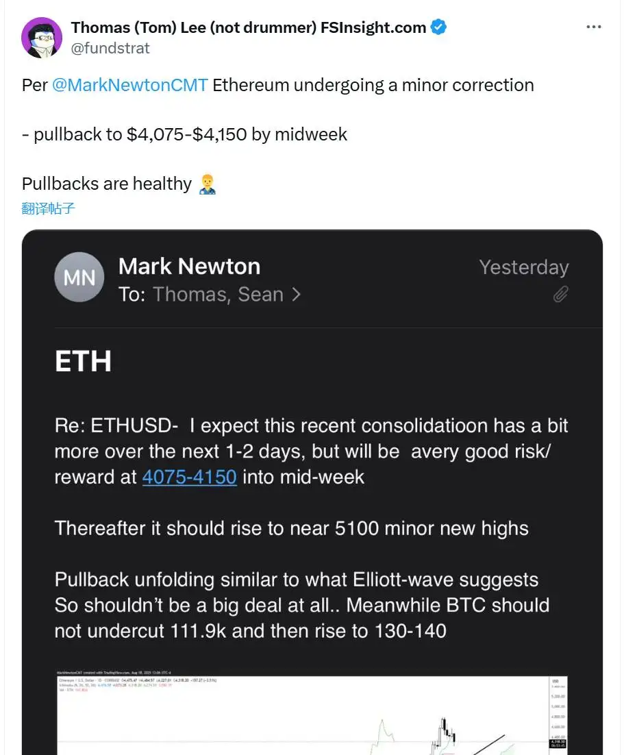 BitMine新任主席Tom Lee：以太坊回调至4075-4150美元区间