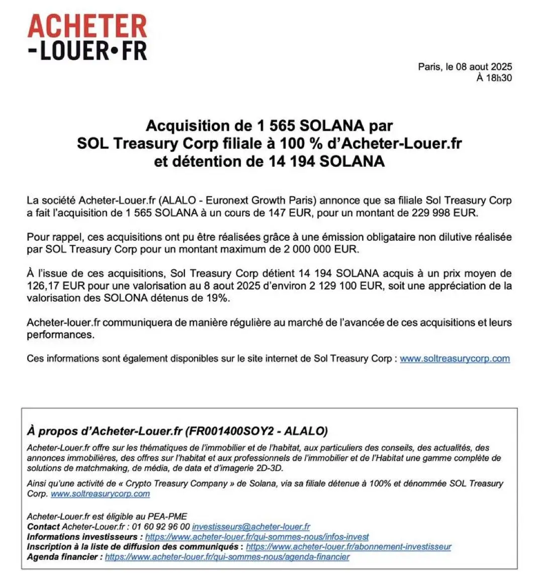 Acheter-Louer.fr子公司增持1,565枚SOL 持仓市值达270万美元