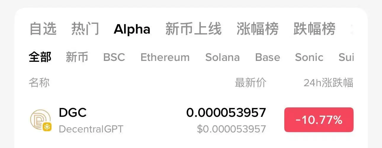 币安Alpha新增DecentralGPT（DGC）交易对