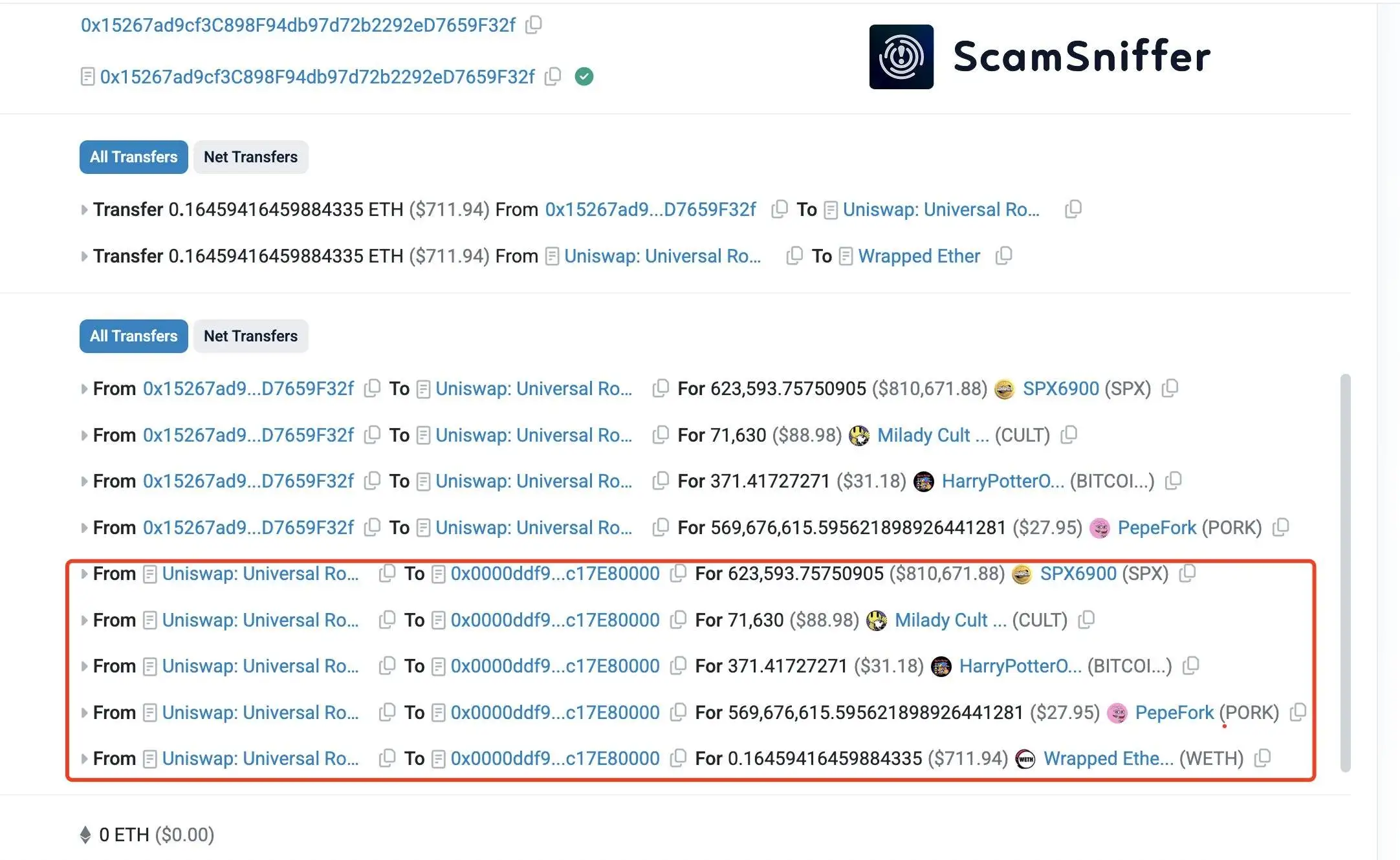 Scam Sniffer监测到钓鱼合约导致用户损失约100万美元