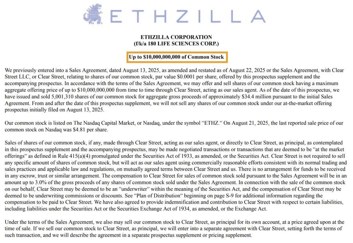 ETHZilla修订证券协议募集100亿美元增持以太坊