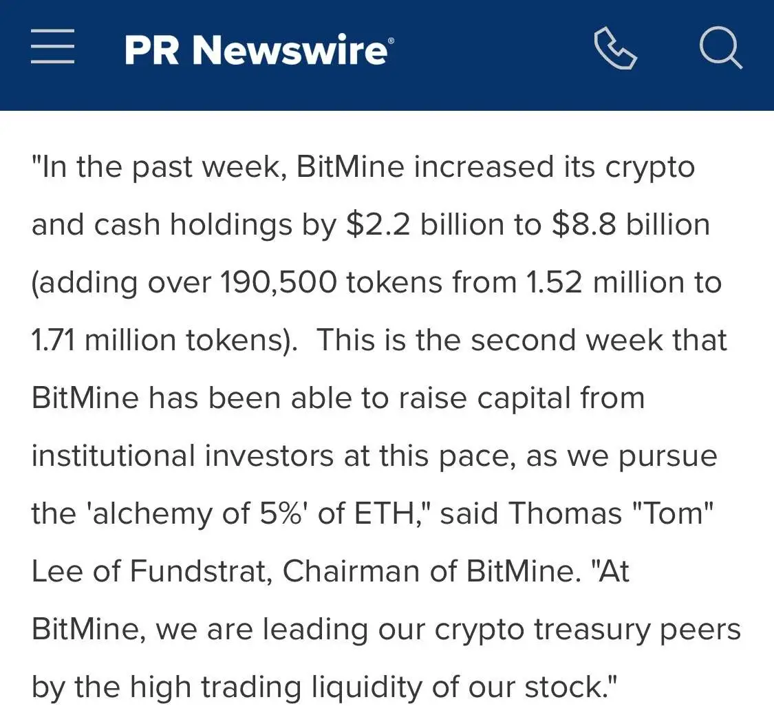 Bitmine加密资产突破88亿美元 连续两周加速布局ETH生态