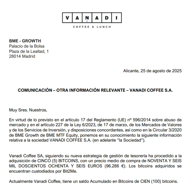 西班牙咖啡连锁店Vanadi Coffee增持5枚比特币，持有量达100枚