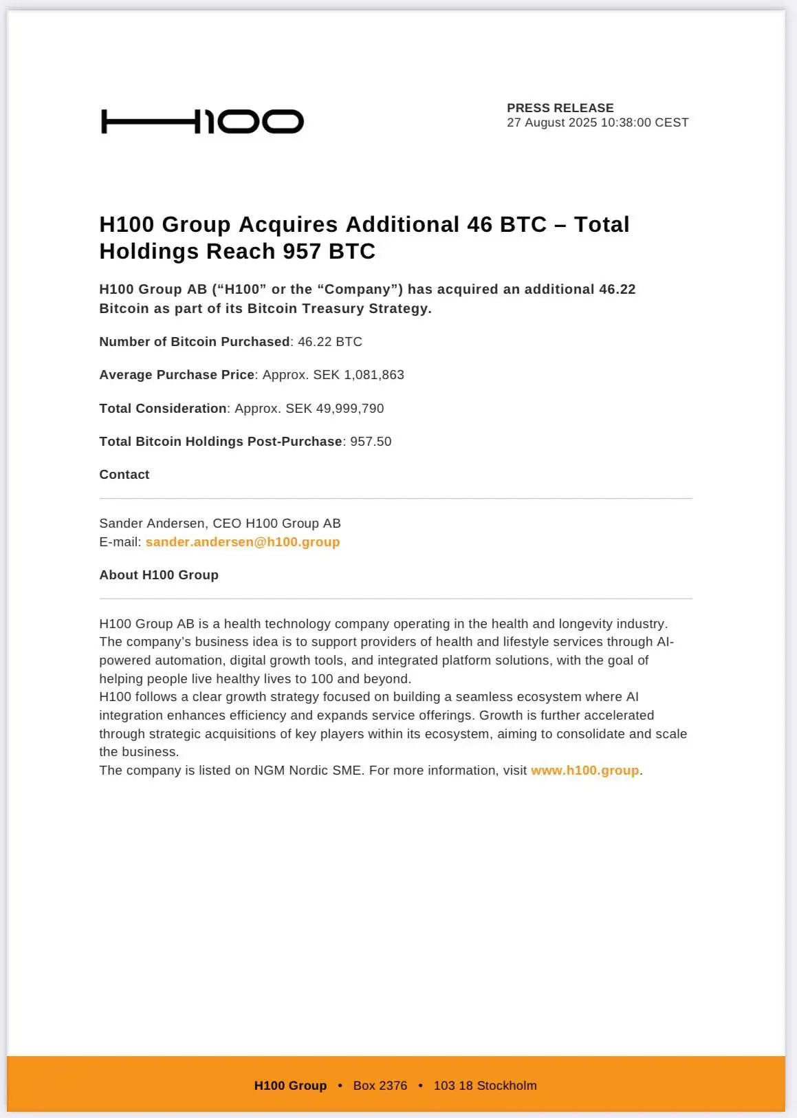 瑞典H100 Group新增购入46枚比特币 总持仓达957枚