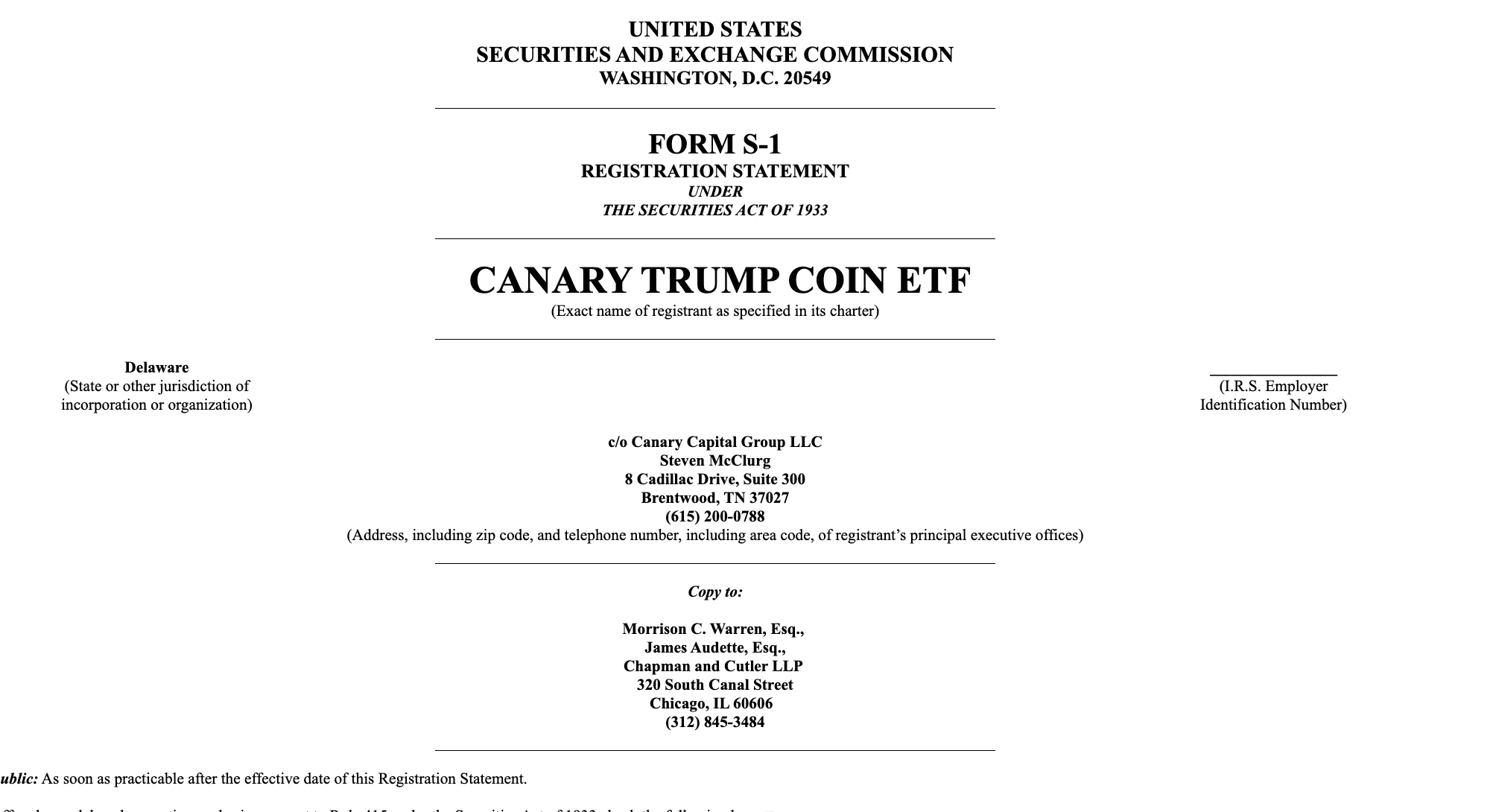Canary Capital提交S-1文件拟推出TRUMP ETF