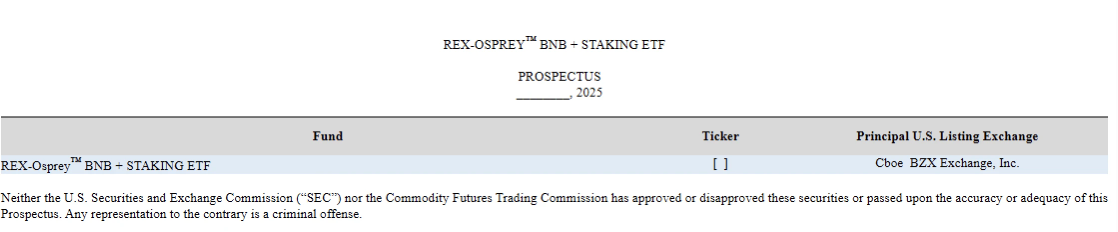 Rex Shares申请推出BNB质押ETF，Eric Balchunas披露信息