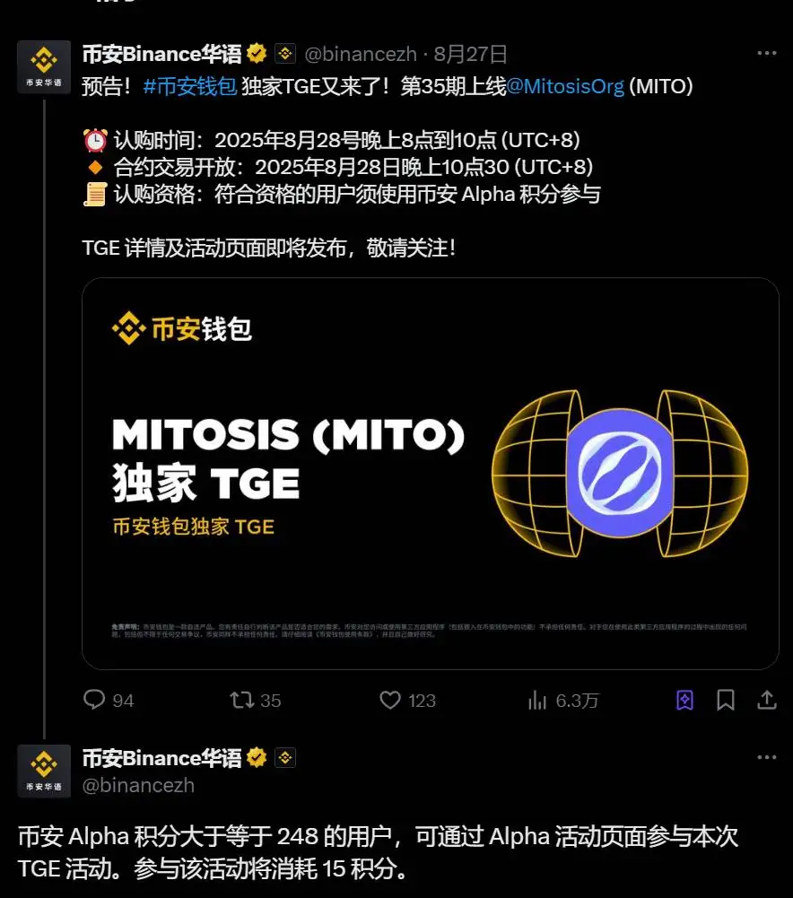 币安启动MITO独家TGE活动 积分门槛248分