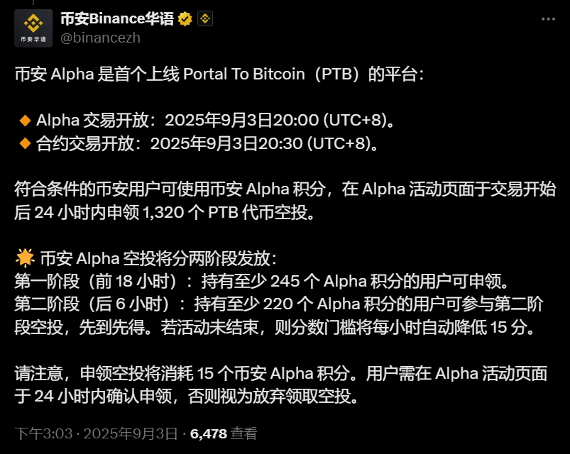币安Alpha成首个上线Portal To Bitcoin（PTB）交易平台，推出1,320万代币空投活动