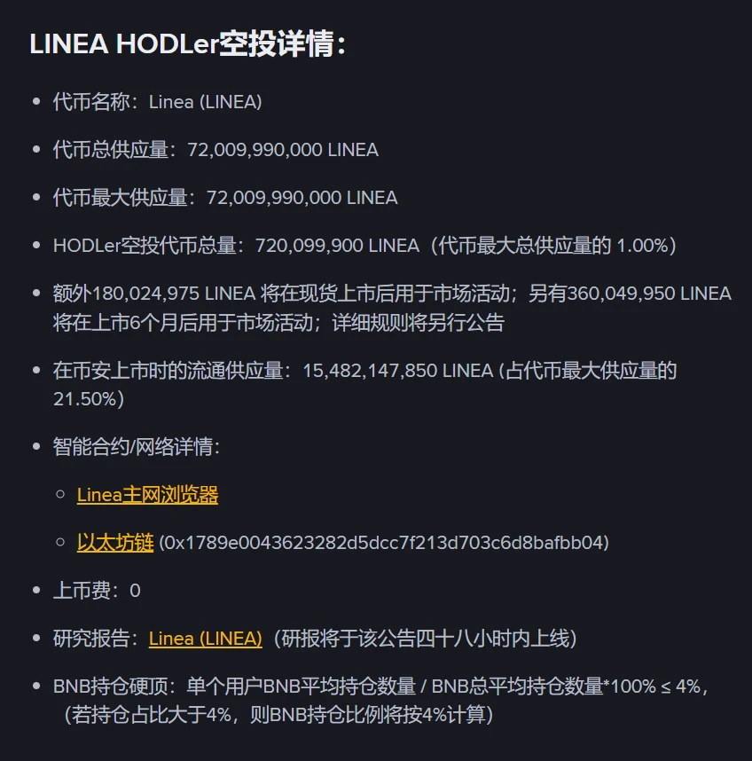 币安HODLer第37期空投项目Linea（LINEA）上线，9月11日开启现货交易