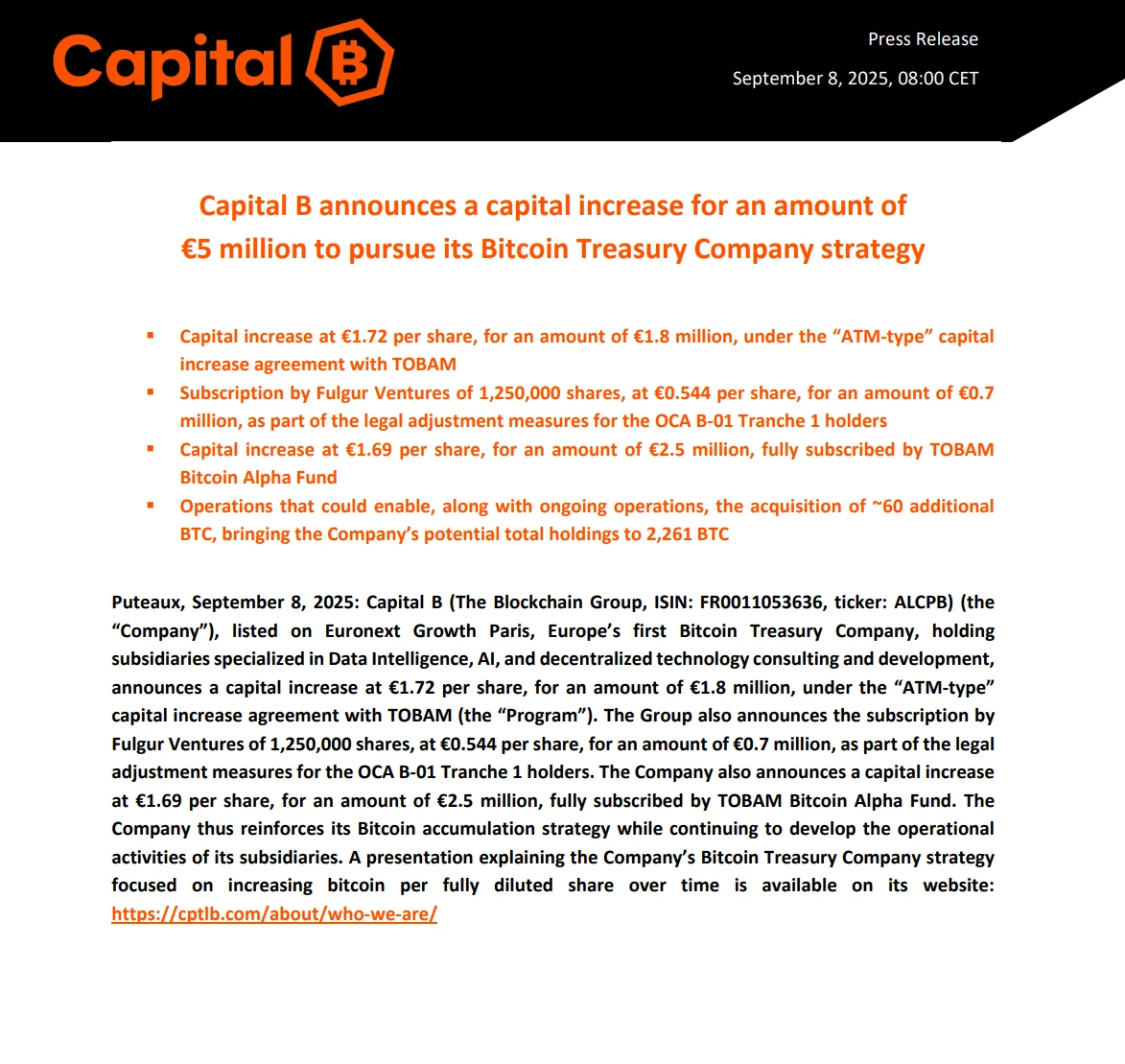 法国上市公司 Capital B 筹集 580 万美元增持比特币，预计新增 60 枚 BTC