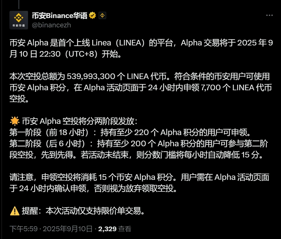 币安Alpha上线LINEA代币交易及空投细则公布